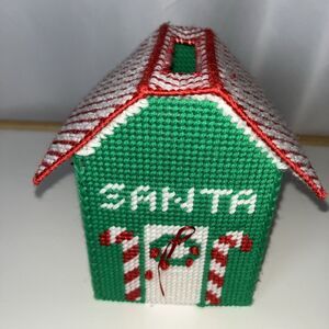 Christmas Knitted Crochet House Tissue Box Multicolor 7” Tall Holiday